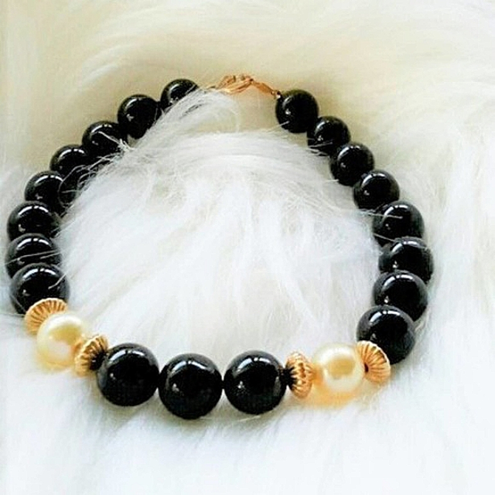 REAL Onyx & Pearls 14k 7" Bracelet Vintage never‎ worn